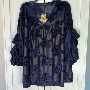 Suzanne Betro Boho Navy Burnout Velvet Bell Sleeve V- Neck Tunic XL New w/ Tags
